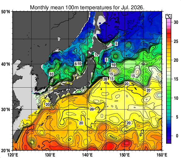 日本近海の深さ100mの月平均水温分布図（2026年7月）