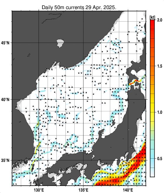 日本海の深さ50mの海流分布図（4月29日）