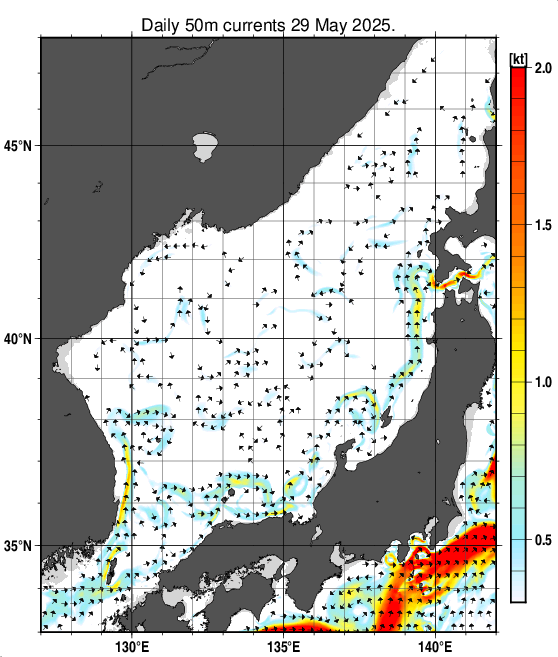 日本海の深さ50mの海流分布図（5月29日）