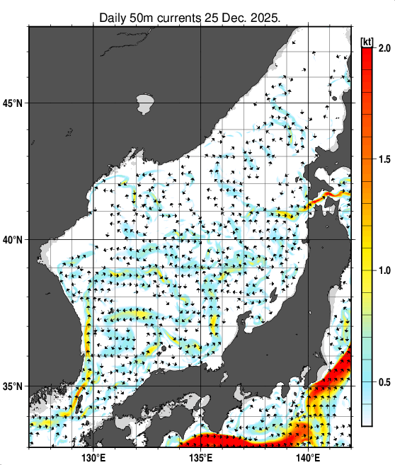 日本海の深さ50mの海流分布図（12月25日）
