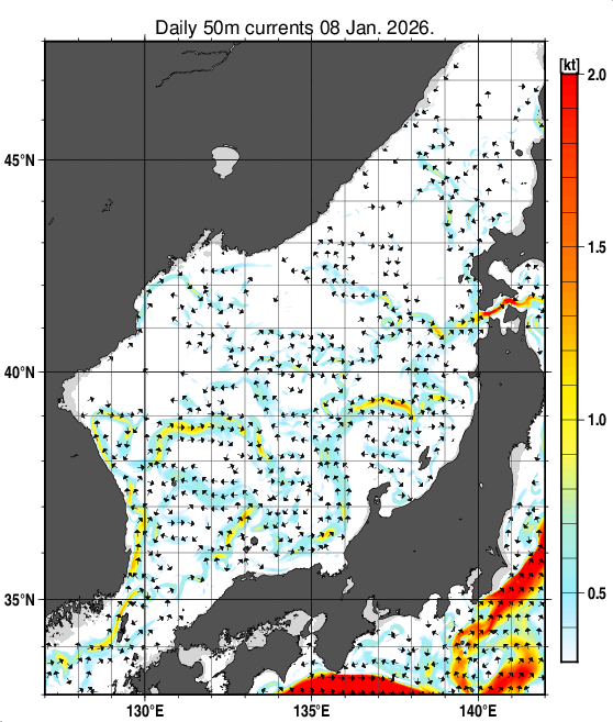 日本海の深さ50mの海流分布図（1月8日）