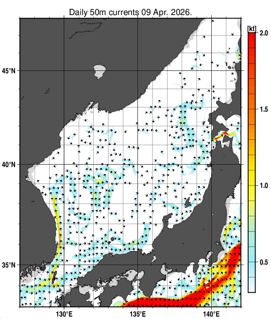 日本海の深さ50mの海流分布図（4月9日）