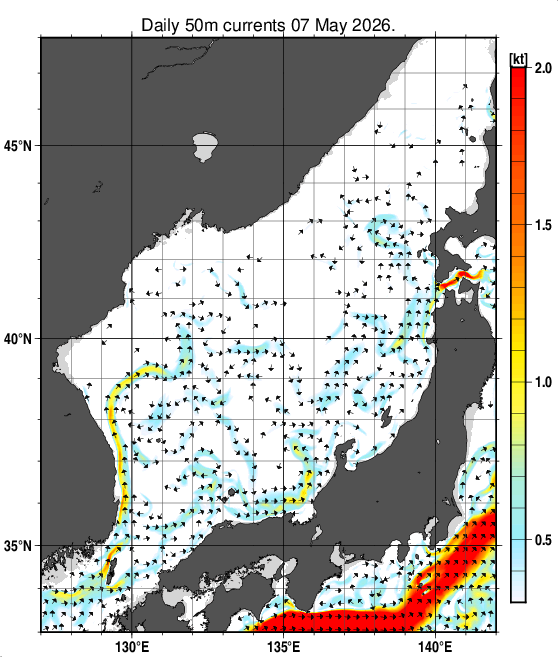 日本海の深さ50mの海流分布図（5月7日）