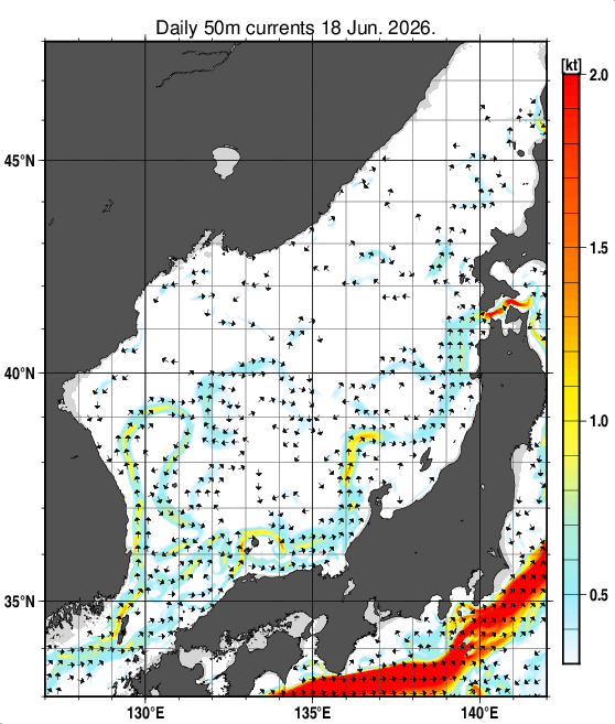 日本海の深さ50mの海流分布図（6月18日）