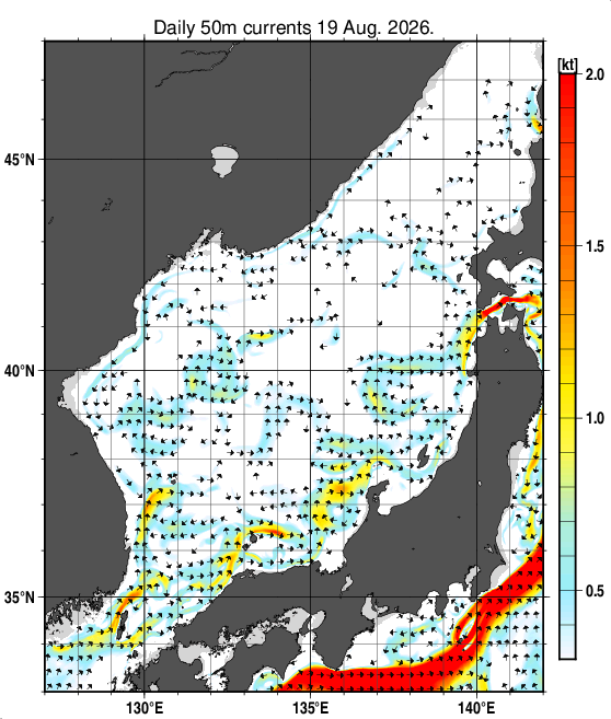 日本海の深さ50mの海流分布図（8月19日）