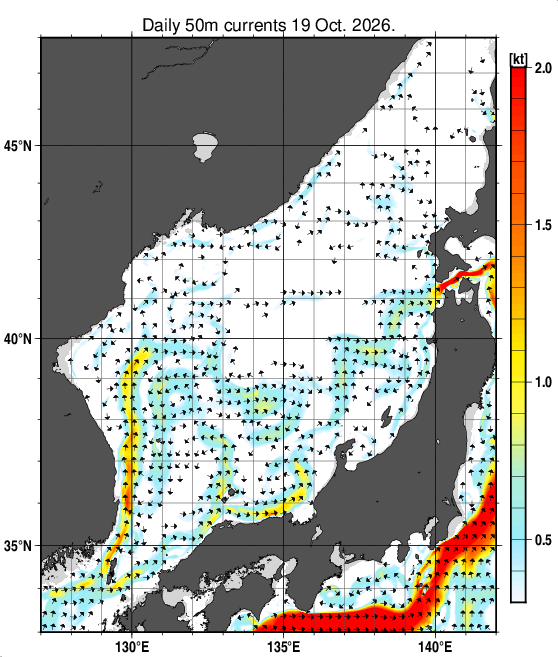 日本海の深さ50mの海流分布図（10月19日）