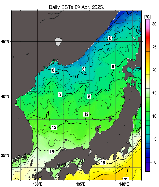 日本海の海面水温分布図（4月29日）