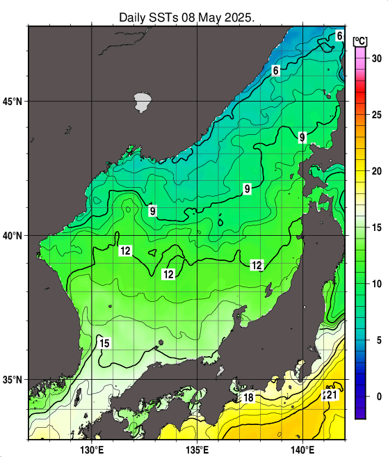 日本海の海面水温分布図（5月8日）