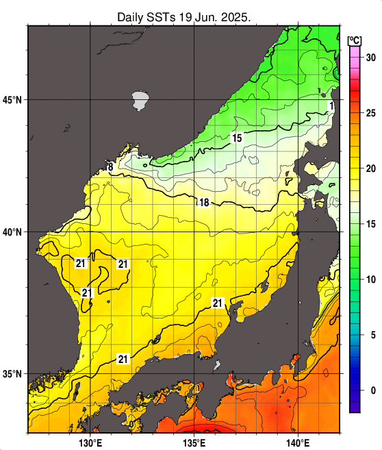 日本海の海面水温分布図（6月19日）