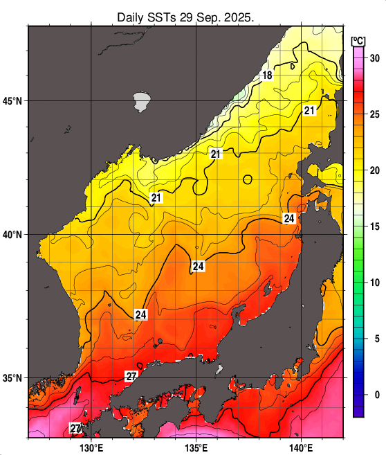 日本海の海面水温分布図（9月29日）
