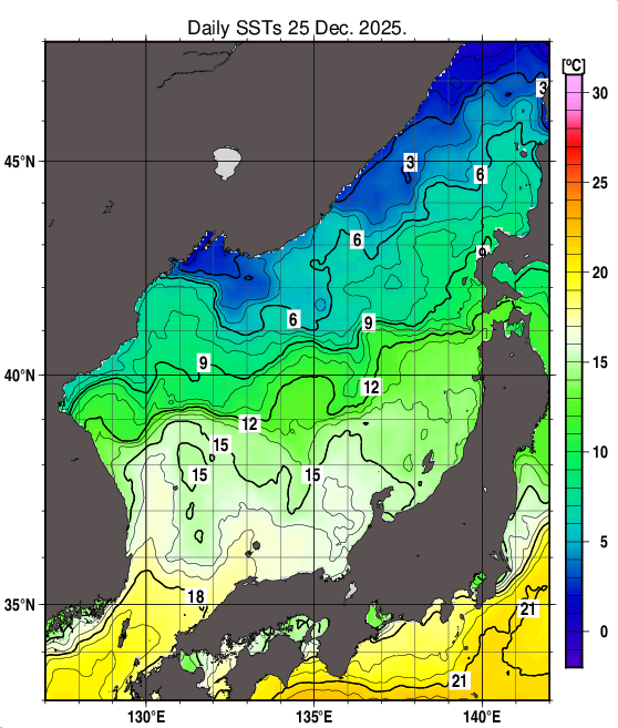 日本海の海面水温分布図（12月25日）