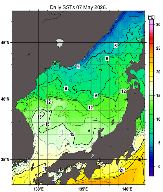 日本海の海面水温分布図（5月7日）
