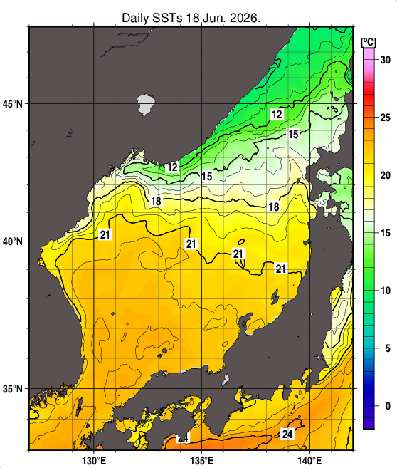 日本海の海面水温分布図（6月18日）