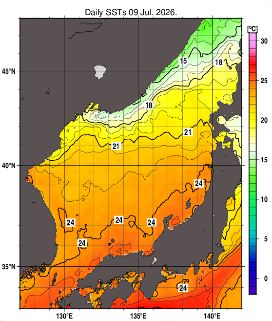 日本海の海面水温分布図（7月9日）