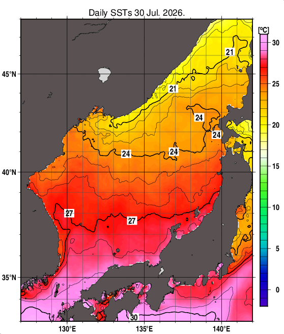 日本海の海面水温分布図（7月30日）