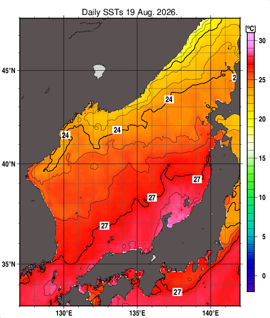 日本海の海面水温分布図（8月19日）