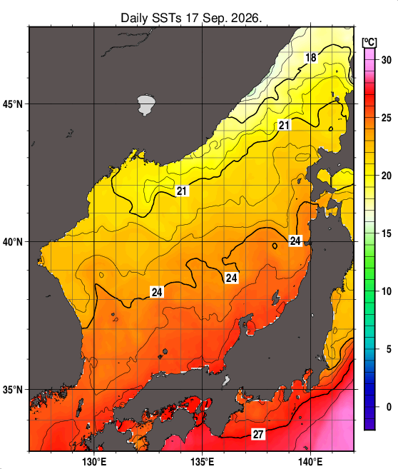 日本海の海面水温分布図（9月17日）