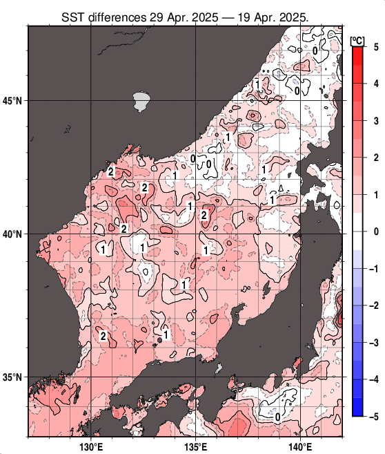 日本海の10日間の海面水温変化量分布図（4月29日）