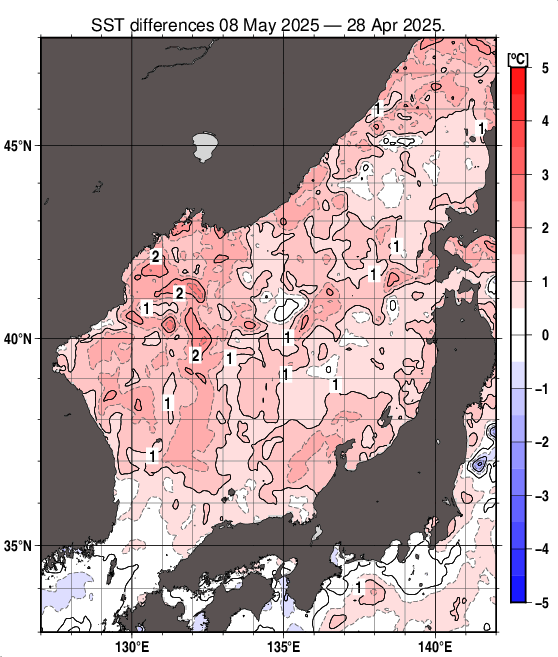 日本海の10日間の海面水温変化量分布図（5月8日）