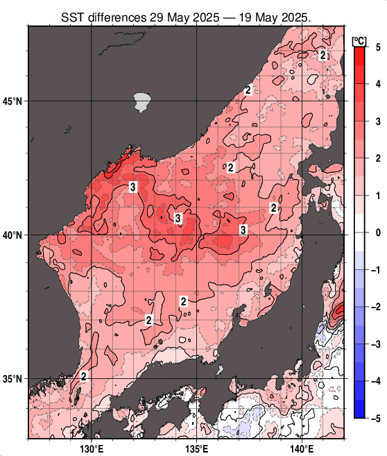 日本海の10日間の海面水温変化量分布図（5月29日）