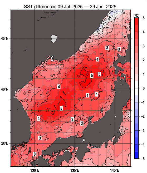 日本海の10日間の海面水温変化量分布図（7月9日）