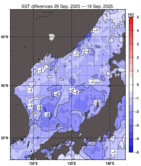 日本海の10日間の海面水温変化量分布図（9月29日）