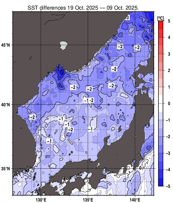 日本海の10日間の海面水温変化量分布図（10月19日）
