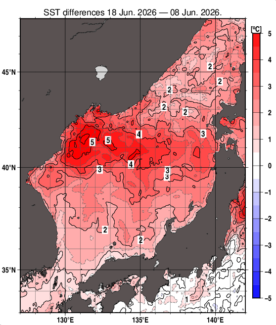 日本海の10日間の海面水温変化量分布図（6月18日）
