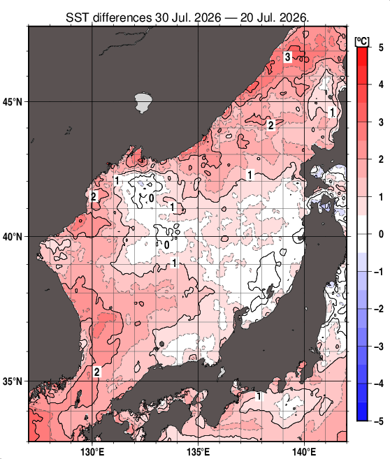 日本海の10日間の海面水温変化量分布図（7月30日）