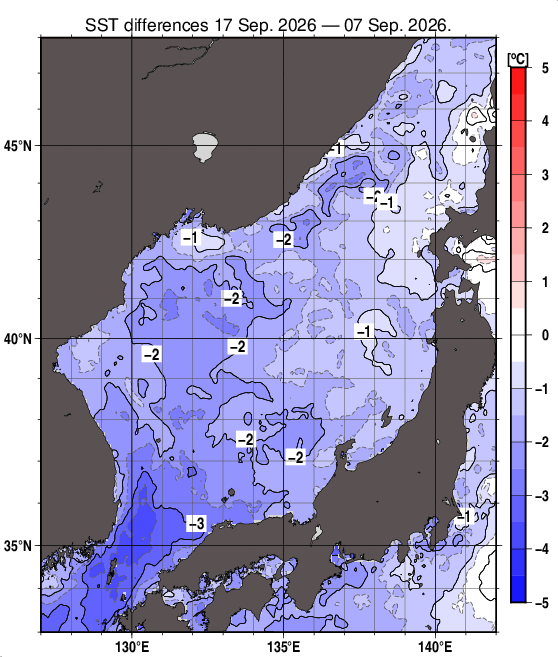 日本海の10日間の海面水温変化量分布図（9月17日）