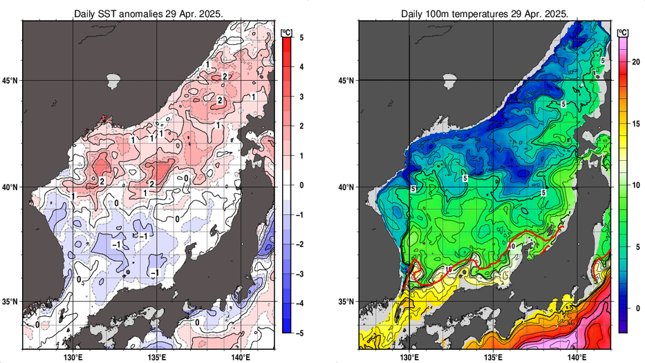 日本海の海面水温平年差分布図および深さ100mの水温分布図（4月29日）