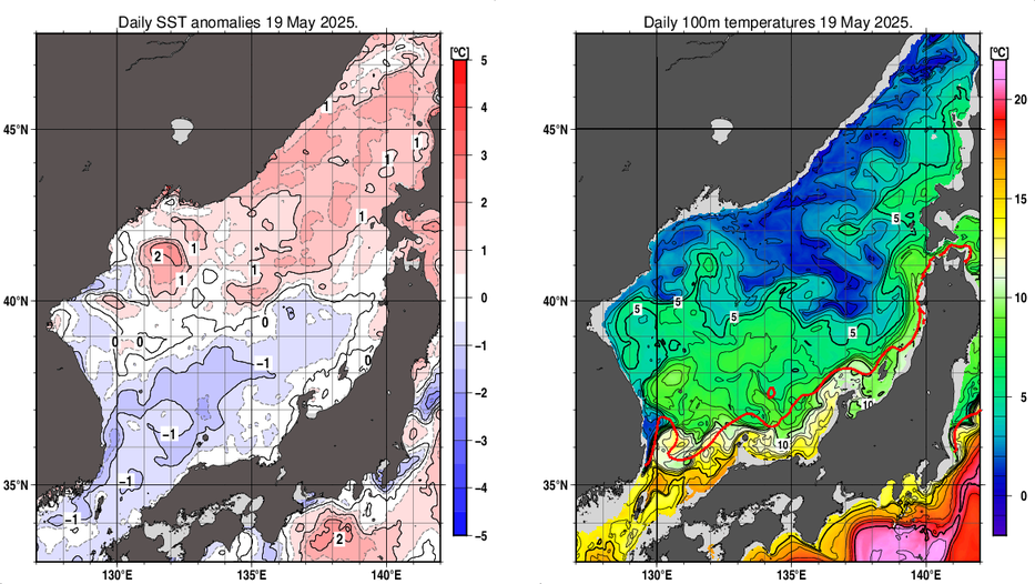 日本海の海面水温平年差分布図および深さ100mの水温分布図（5月19日）