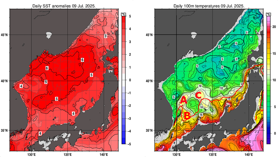 日本海の海面水温平年差分布図および深さ100mの水温分布図（7月9日）