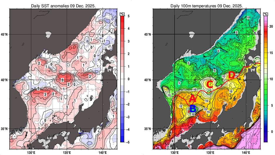 日本海の海面水温平年差分布図および深さ100mの水温分布図（12月9日）