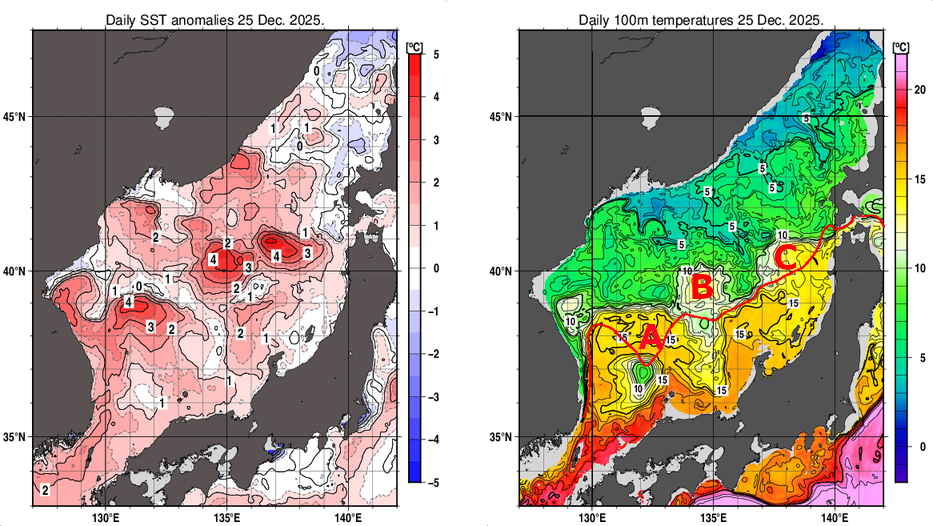 日本海の海面水温平年差分布図および深さ100mの水温分布図（12月25日）