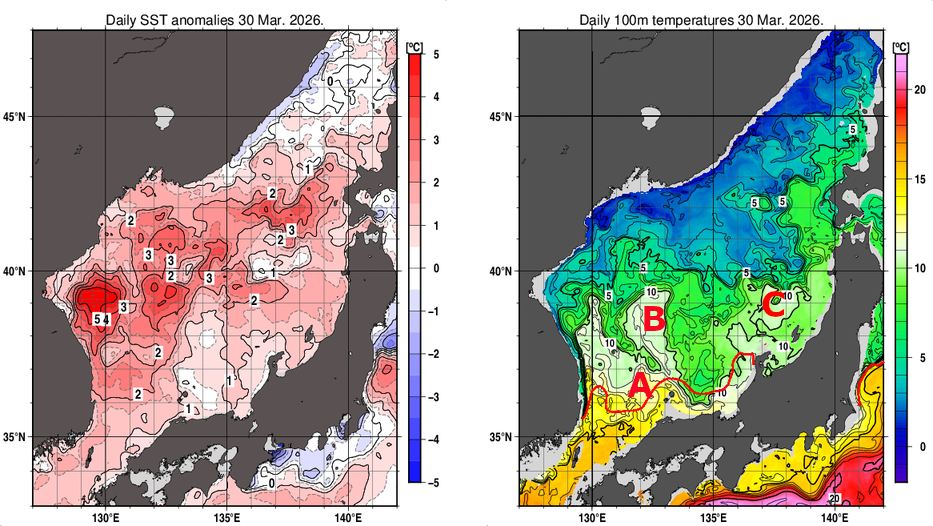 日本海の海面水温平年差分布図および深さ100mの水温分布図（3月30日）