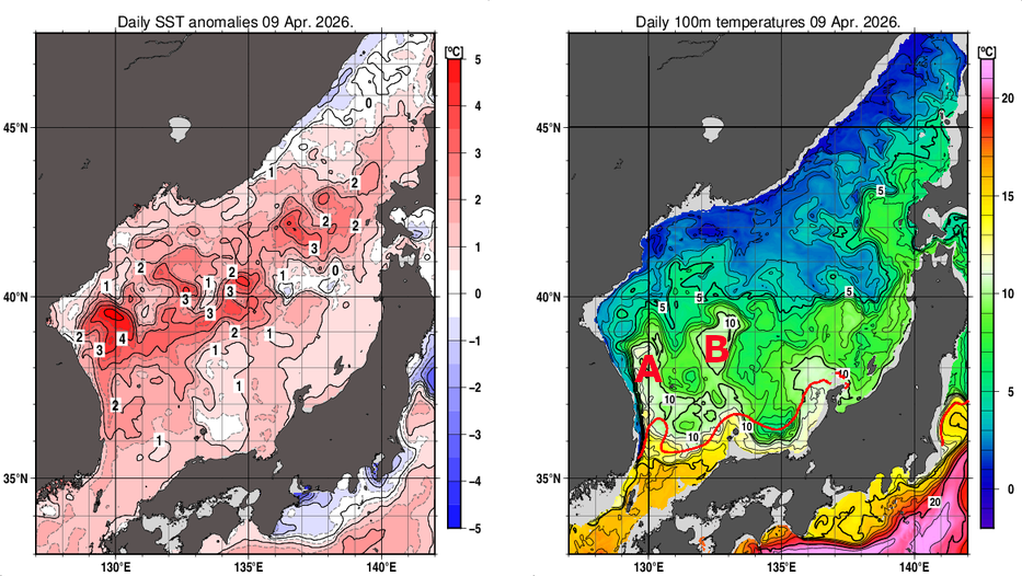 日本海の海面水温平年差分布図および深さ100mの水温分布図（4月9日）