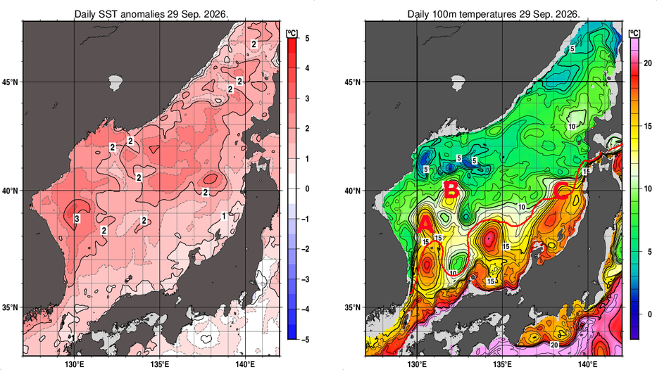 日本海の海面水温平年差分布図および深さ100mの水温分布図（9月29日）