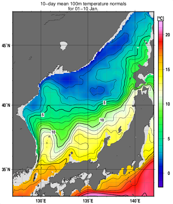 日本海の深さ100mの水温の旬別平年値(1993～2017年の25年間の平均)(1月上旬)