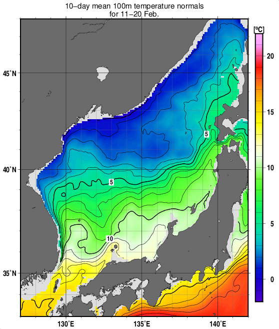 日本海の深さ100mの水温の旬別平年値(1993～2017年の25年間の平均)(2月中旬)