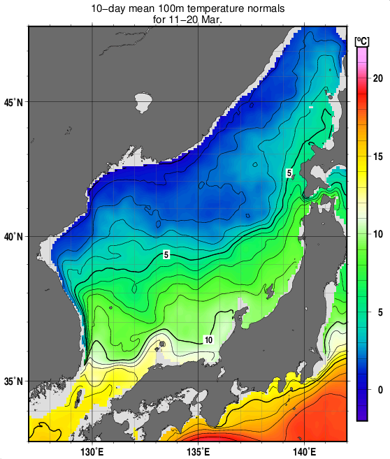 日本海の深さ100mの水温の旬別平年値(1993～2017年の25年間の平均)(3月中旬)