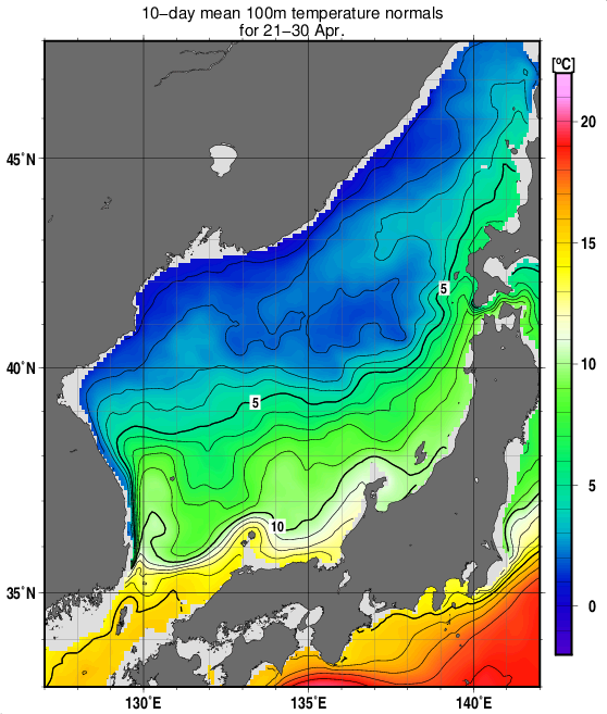 日本海の深さ100mの水温の旬別平年値(1993～2017年の25年間の平均)(4月下旬)