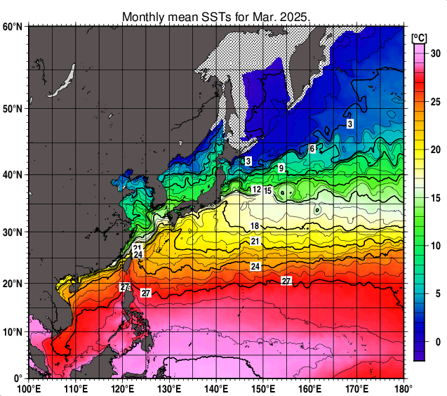 北西太平洋の月平均海面水温分布図（2025年3月）