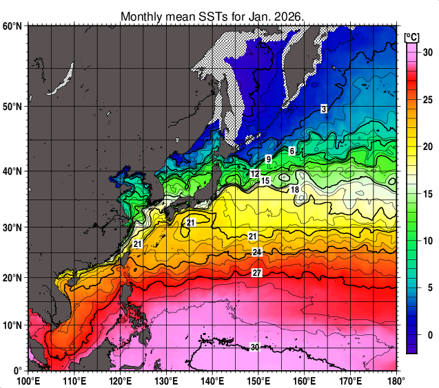 北西太平洋の月平均海面水温分布図（2026年1月）