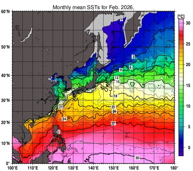 北西太平洋の月平均海面水温分布図（2026年2月）