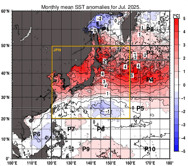 北西太平洋の月平均海面水温平年差分布図（2025年7月）