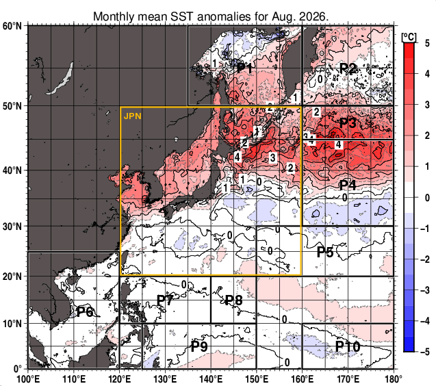 北西太平洋の月平均海面水温平年差分布図（2026年8月）