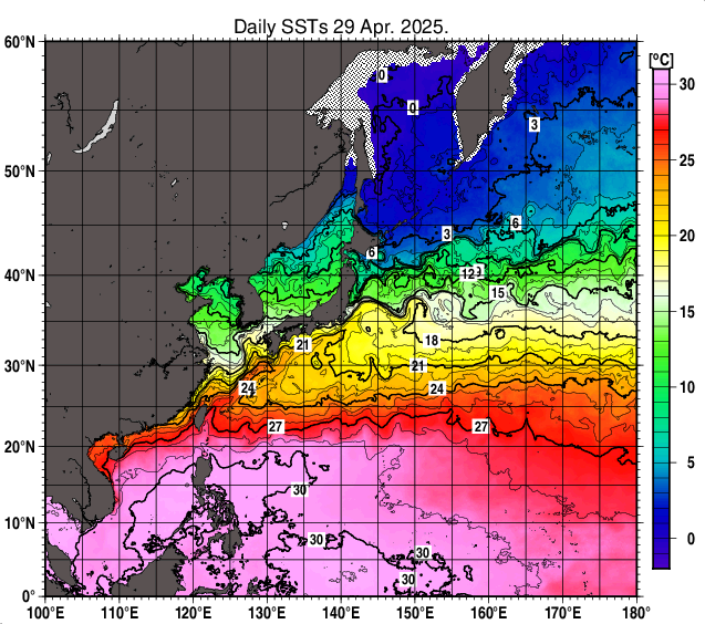 北西太平洋の海面水温分布図（4月29日）