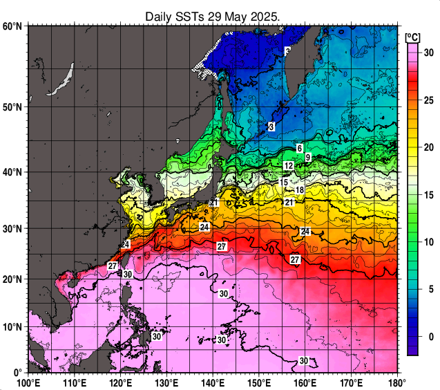 北西太平洋の海面水温分布図（5月29日）