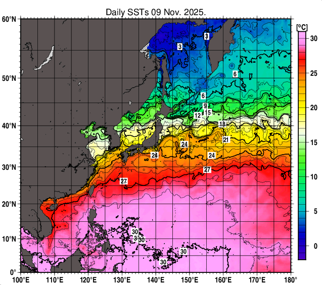 北西太平洋の海面水温分布図（11月9日）